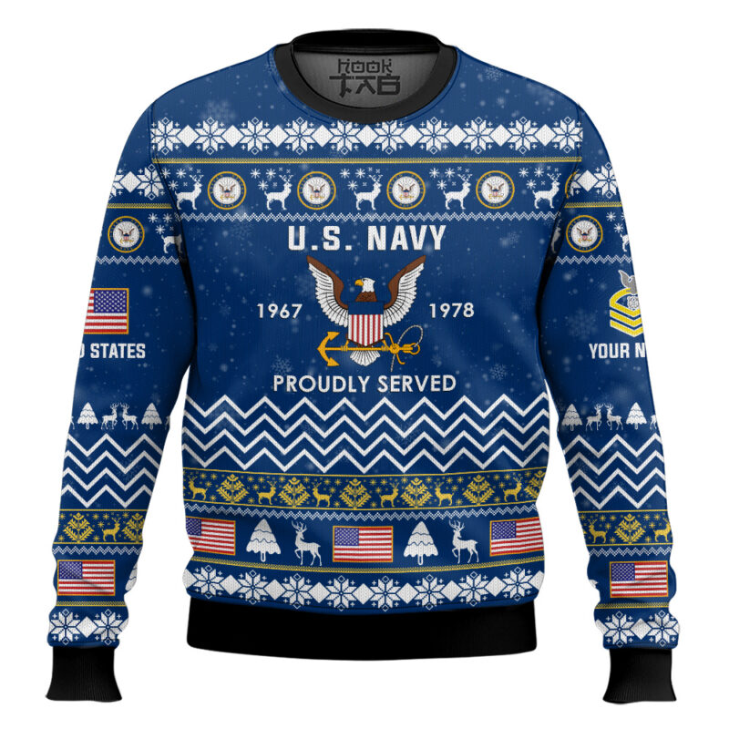 Hooktab US Navy Proudly Served Veteran - Custom Name, Rank And Years Of Service Ugly Sweater