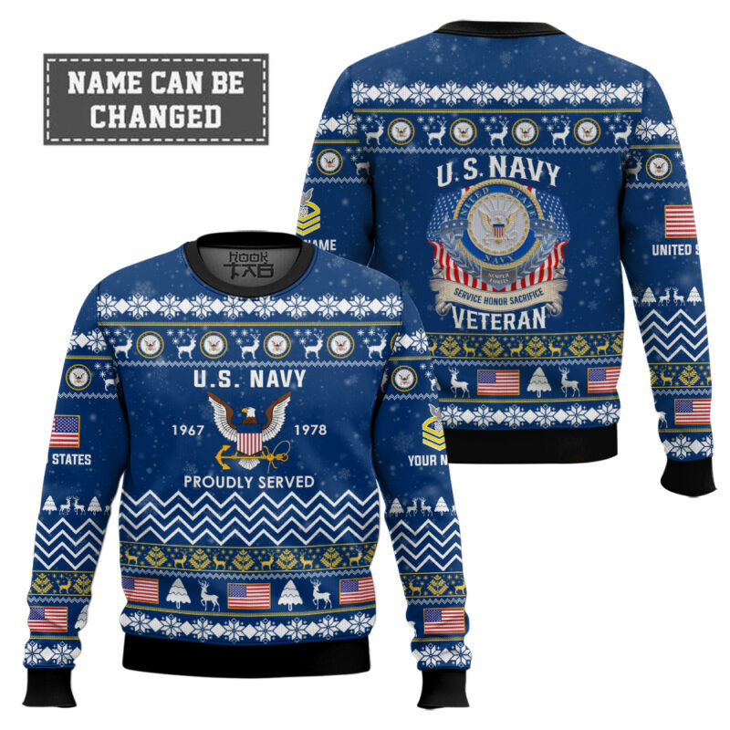 Hooktab US Navy Proudly Served Veteran - Custom Name, Rank And Years Of Service Ugly Sweater Hooktab US Navy Proudly Served Veteran - Custom Name, Rank And Years Of Service Ugly Sweater