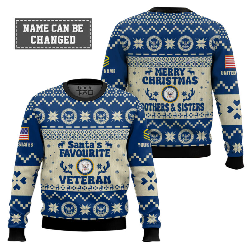 Hooktab US Navy Santa's Favourite Veterans - Custom Name And Rank Ugly Sweater Hooktab US Navy Santa's Favourite Veterans - Custom Name And Rank Ugly Sweater
