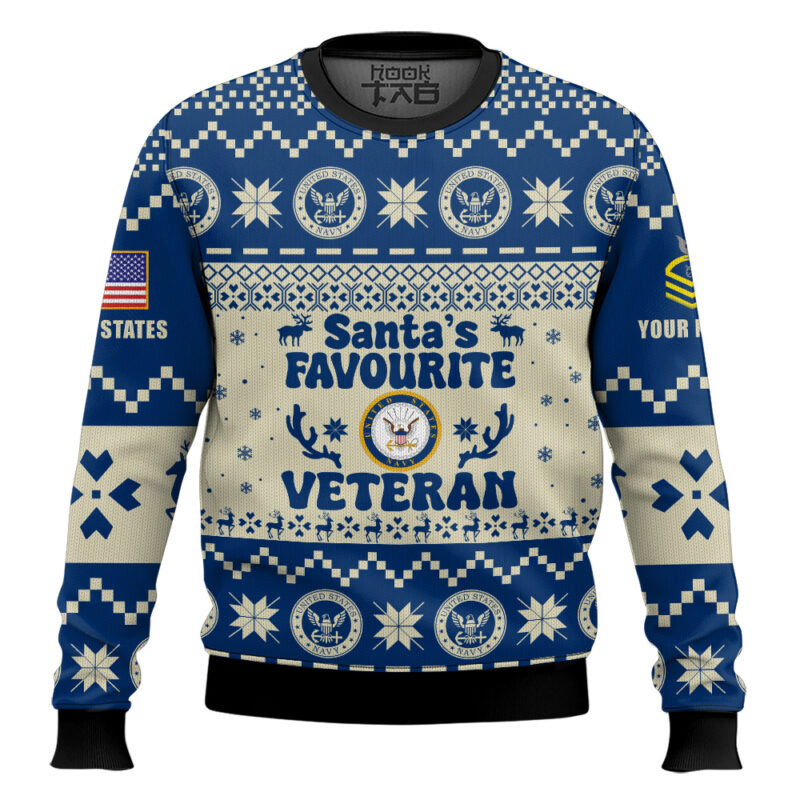 Hooktab US Navy Santa's Favourite Veterans - Custom Name And Rank Ugly Sweater