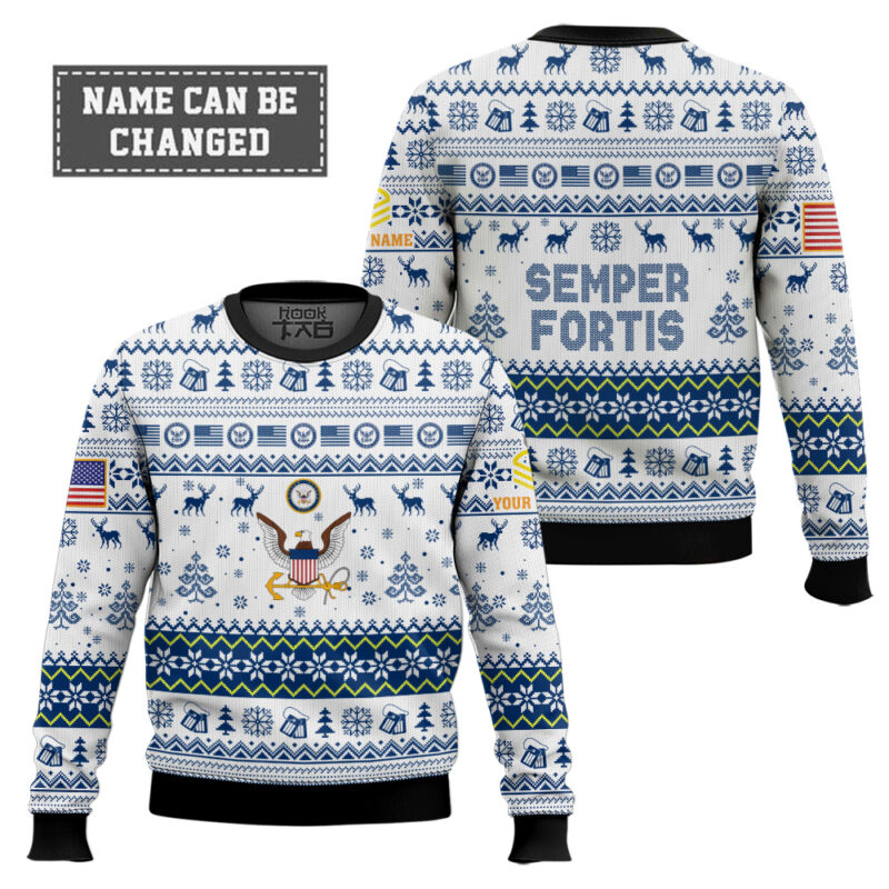 Hooktab US Navy Semper Fortis - Custom Name And Rank Ugly Sweater Hooktab US Navy Semper Fortis - Custom Name And Rank Ugly Sweater