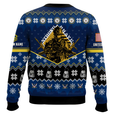 Hooktab US Navy Strong And Brave – Custom Name And Rank Ugly Sweater