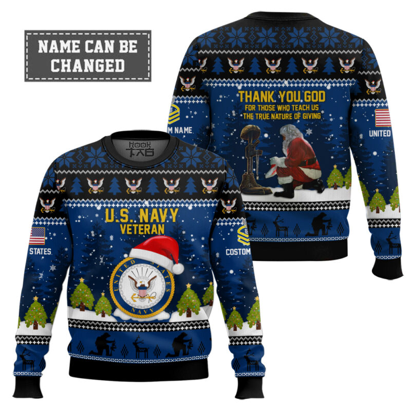 Hooktab US Navy Thank You God - Custom Name And Rank Ugly Sweater Hooktab US Navy Thank You God - Custom Name And Rank Ugly Sweater