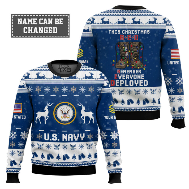 Hooktab US Navy This Christmas R.E.D - Custom Name And Rank Ugly Sweater Hooktab US Navy This Christmas R.E.D - Custom Name And Rank Ugly Sweater