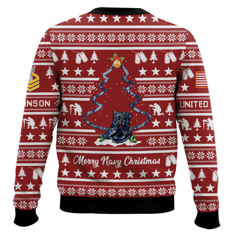 Hooktab US Navy Veteran Merry Christmas - Custom Name And Rank Ugly Sweater Hooktab US Navy Veteran Merry Christmas - Custom Name And Rank Ugly Sweater
