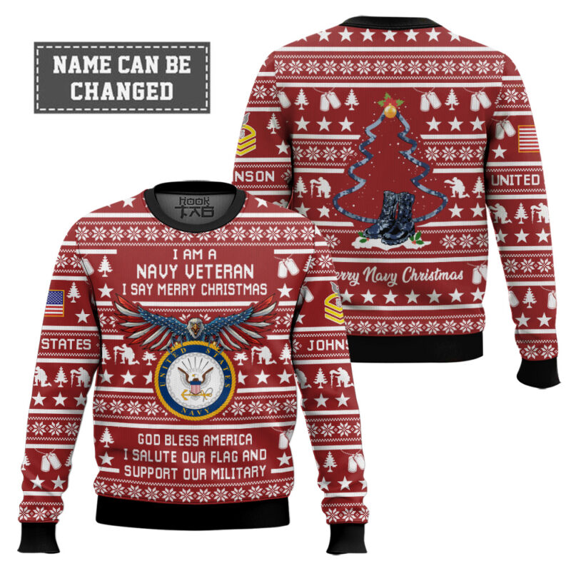 Hooktab US Navy Veteran Merry Christmas - Custom Name And Rank Ugly Sweater Hooktab US Navy Veteran Merry Christmas - Custom Name And Rank Ugly Sweater