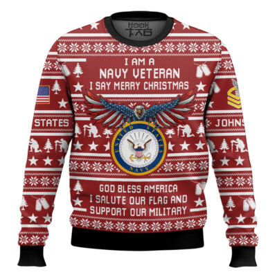 Hooktab US Navy Veteran Merry Christmas - Custom Name And Rank Ugly Sweater