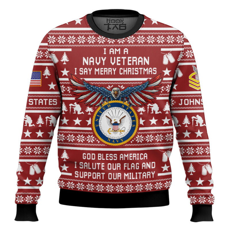 Hooktab US Navy Veteran Merry Christmas - Custom Name And Rank Ugly Sweater