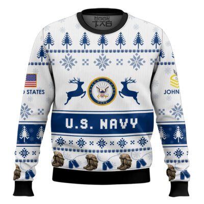 Hooktab US Navy Veteran Proudly Served - Custom Name And Rank Ugly Sweater