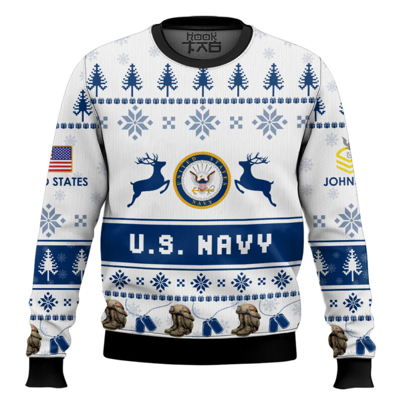 Hooktab US Navy Veteran Proudly Served - Custom Name And Rank Ugly Sweater