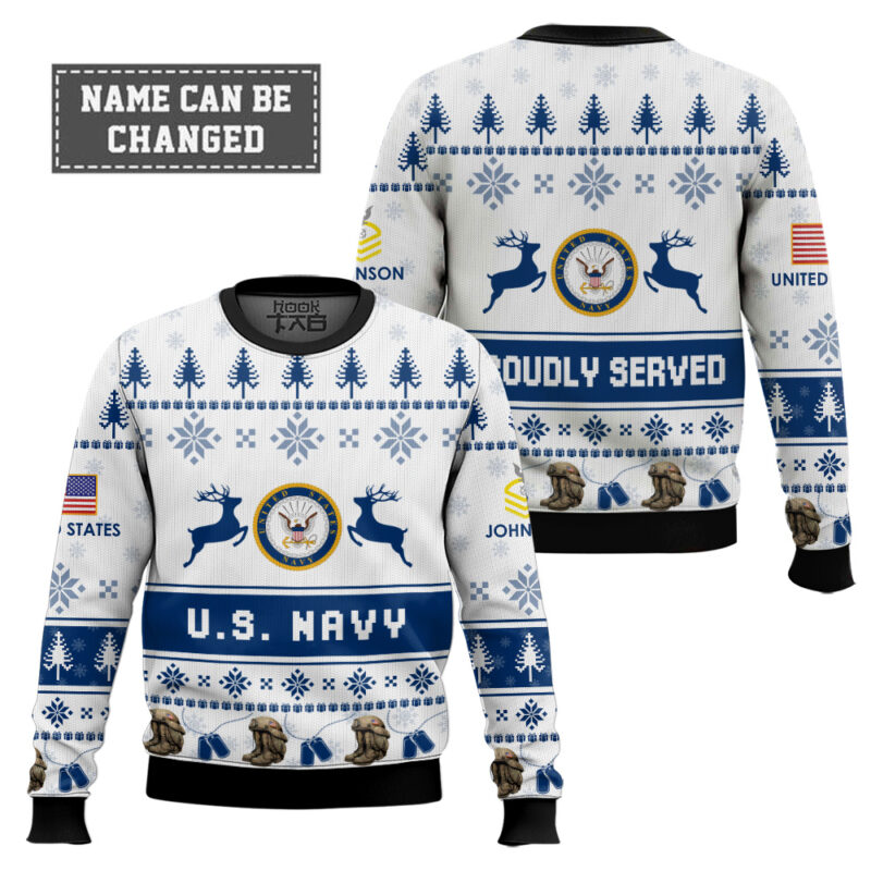 Hooktab US Navy Veteran Proudly Served - Custom Name And Rank Ugly Sweater Hooktab US Navy Veteran Proudly Served - Custom Name And Rank Ugly Sweater