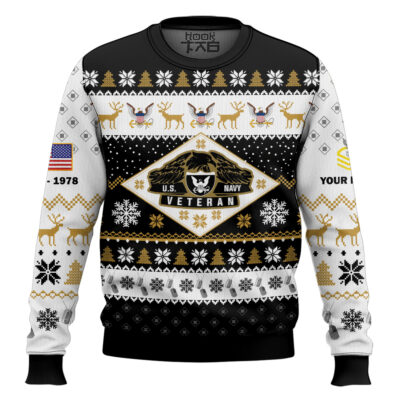 Hooktab US Navy Veterans - Custom Name, Rank And Years Of Service Ugly Sweater