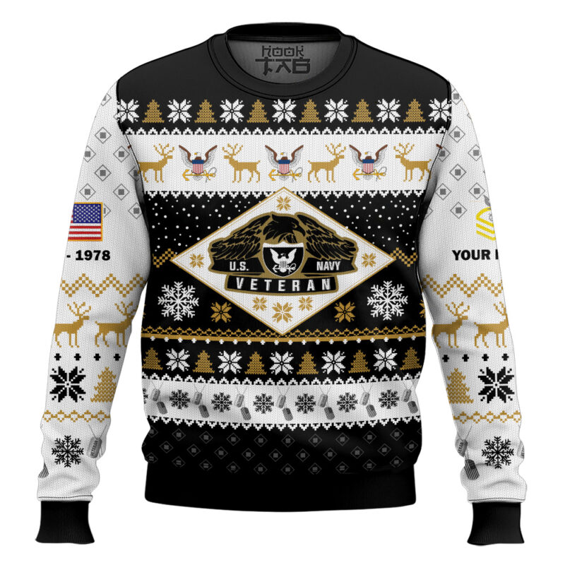 Hooktab US Navy Veterans - Custom Name, Rank And Years Of Service Ugly Sweater