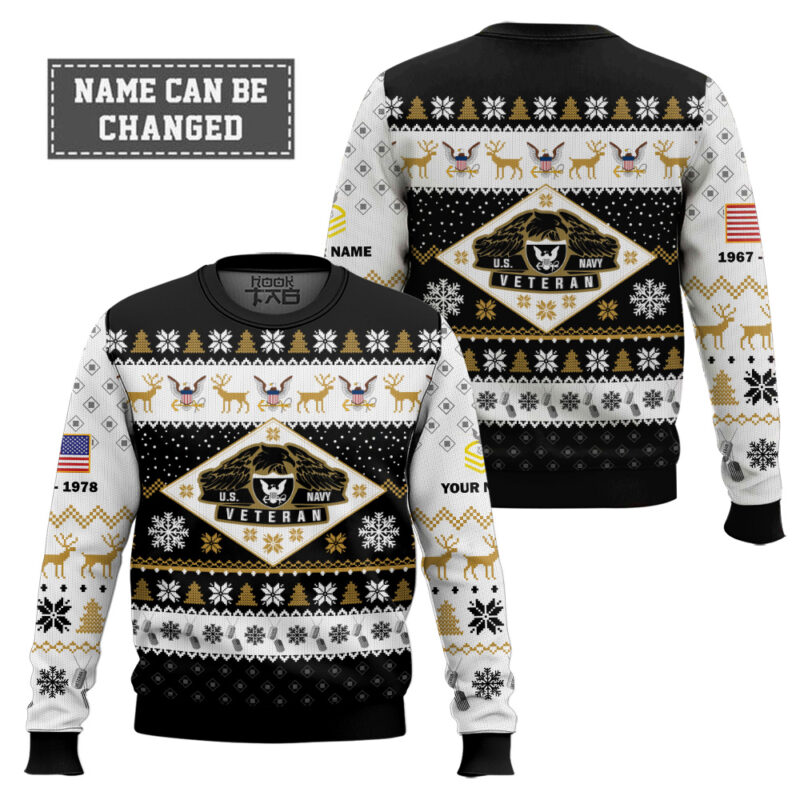 Hooktab US Navy Veterans - Custom Name, Rank And Years Of Service Ugly Sweater Hooktab US Navy Veterans - Custom Name, Rank And Years Of Service Ugly Sweater