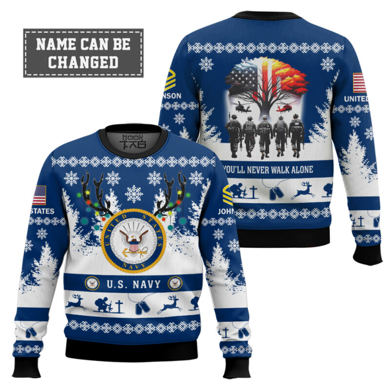 Hooktab US Navy You'll Never Walk Alone - Custom Name and Rank Ugly Sweater Hooktab US Navy You'll Never Walk Alone - Custom Name and Rank Ugly Sweater