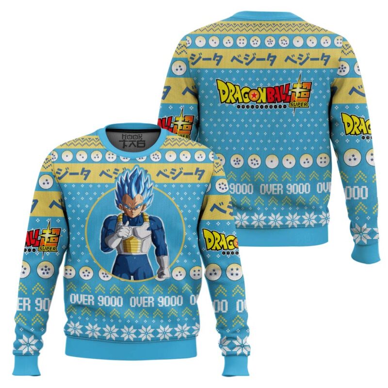 Hooktab Vegeta Over 9000 Dragon Ball Z Ugly Christmas Sweater Hooktab Vegeta Over 9000 Dragon Ball Z Ugly Christmas Sweater