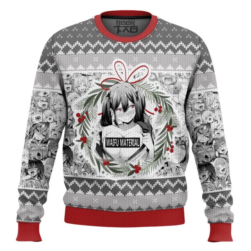 Hooktab Waifu Material Ahegao Ugly Christmas Sweater