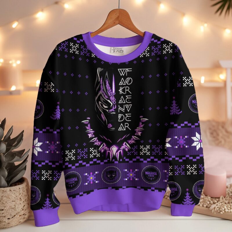 Hooktab Wakanda Forever! Black Panther Ugly Christmas Sweater Hooktab Wakanda Forever! Black Panther Ugly Christmas Sweater