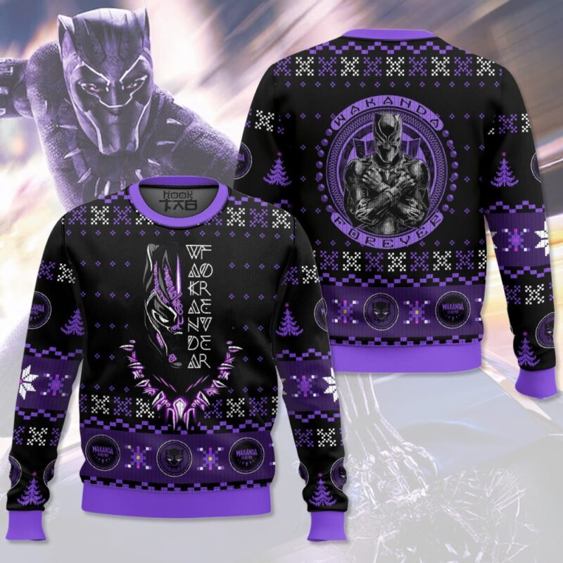 Hooktab Wakanda Forever! Black Panther Ugly Christmas Sweater Hooktab Wakanda Forever! Black Panther Ugly Christmas Sweater
