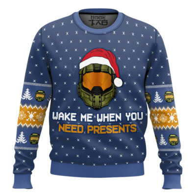 Hooktab Wake Me When You Need Presents Halo Ugly Christmas Sweater
