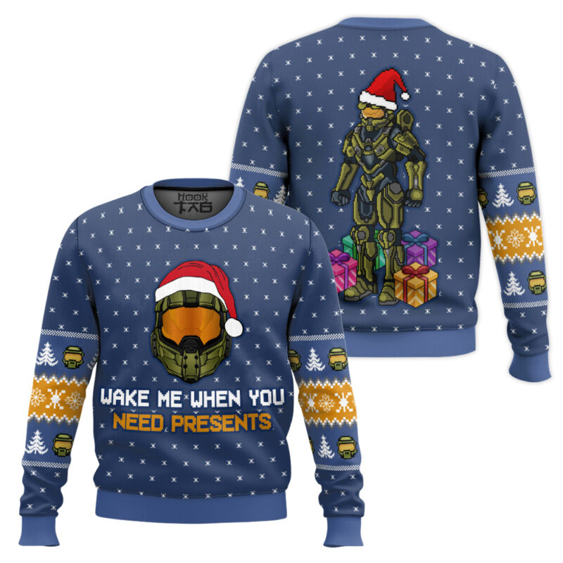 Hooktab Wake Me When You Need Presents Halo Ugly Christmas Sweater Hooktab Wake Me When You Need Presents Halo Ugly Christmas Sweater