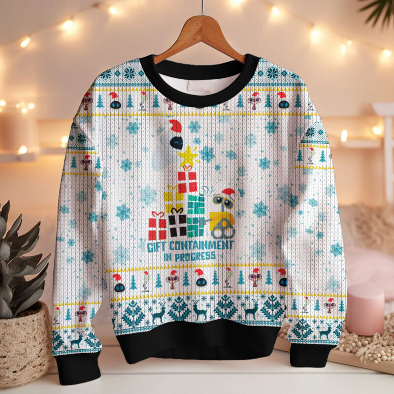 Hooktab Wall-E Gift Containment In Process Ugly Christmas Sweater Hooktab Wall-E Gift Containment In Process Ugly Christmas Sweater