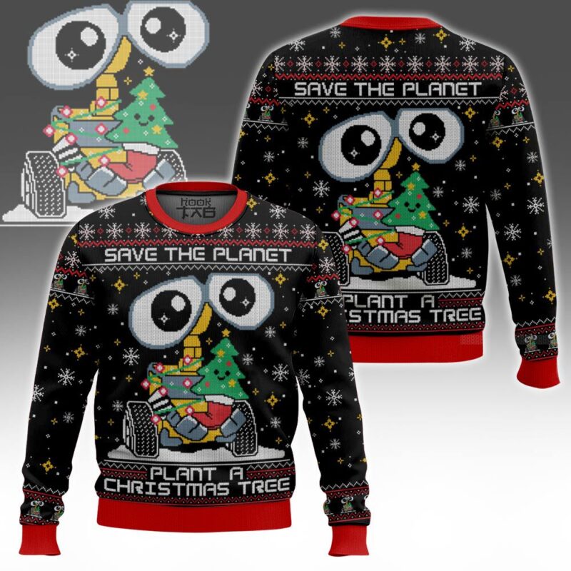 Hooktab Wall-e Save The Planet Plant A Christmas Tree Ugly Christmas Sweater Hooktab Wall-e Save The Planet Plant A Christmas Tree Ugly Christmas Sweater