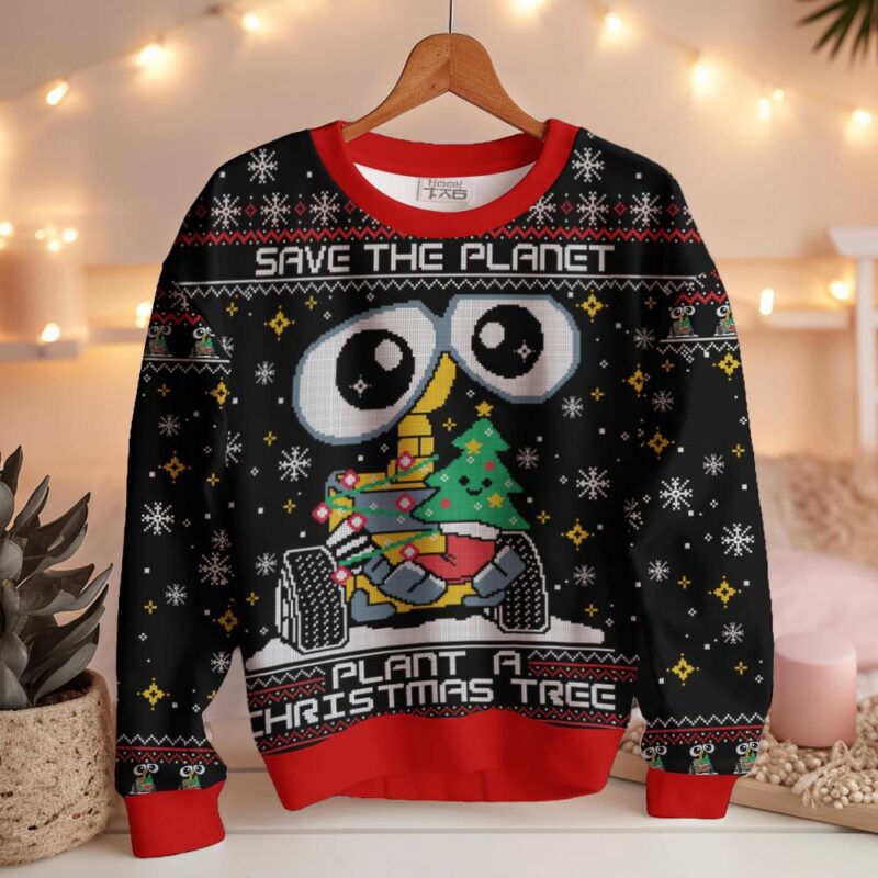 Hooktab Wall-e Save The Planet Plant A Christmas Tree Ugly Christmas Sweater Hooktab Wall-e Save The Planet Plant A Christmas Tree Ugly Christmas Sweater