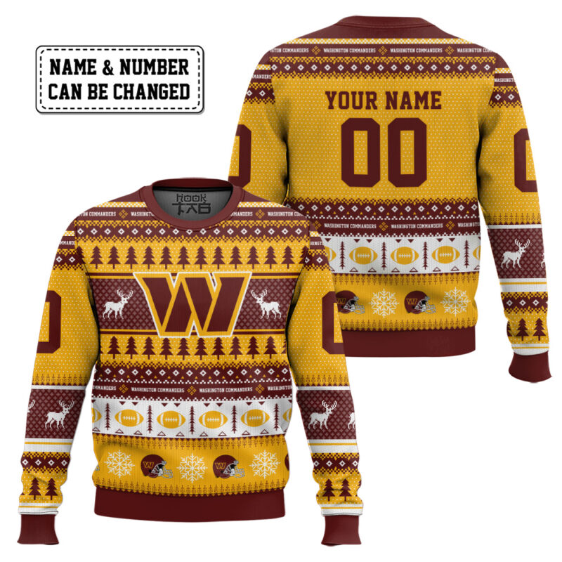 Hooktab Washington Commanders - Custom Name And Number Ugly Sweater Hooktab Washington Commanders - Custom Name And Number Ugly Sweater