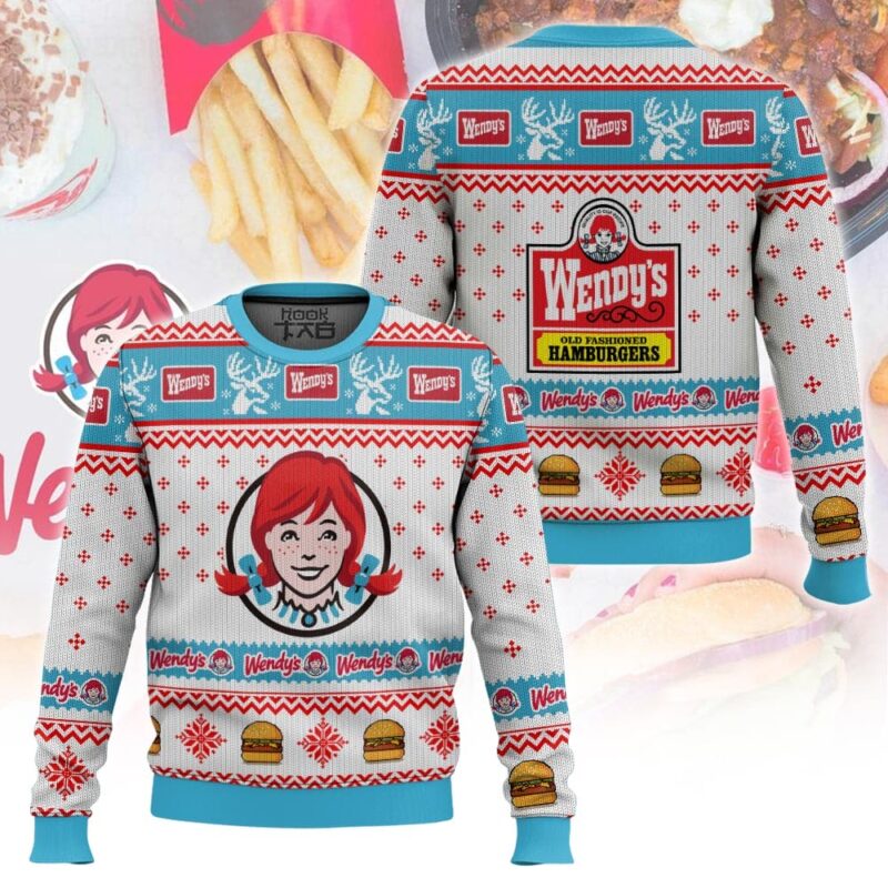 Hooktab Wendy's Old Fashioned Hamburger Ugly Christmas Sweater Hooktab Wendy's Old Fashioned Hamburger Ugly Christmas Sweater