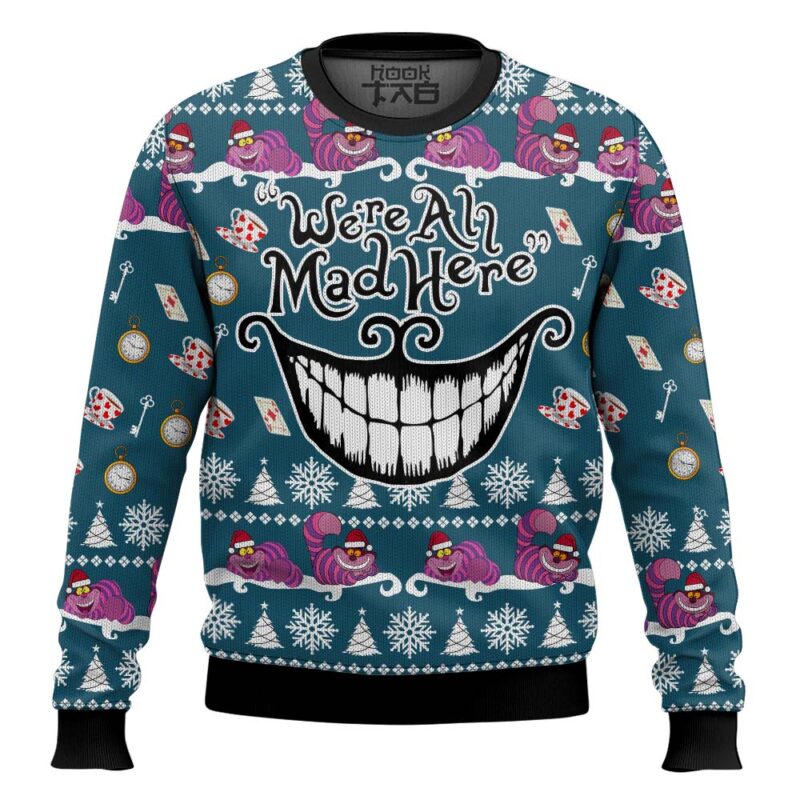 Hooktab We're All Mad Here Alice In Wonderland Ugly Christmas Sweater