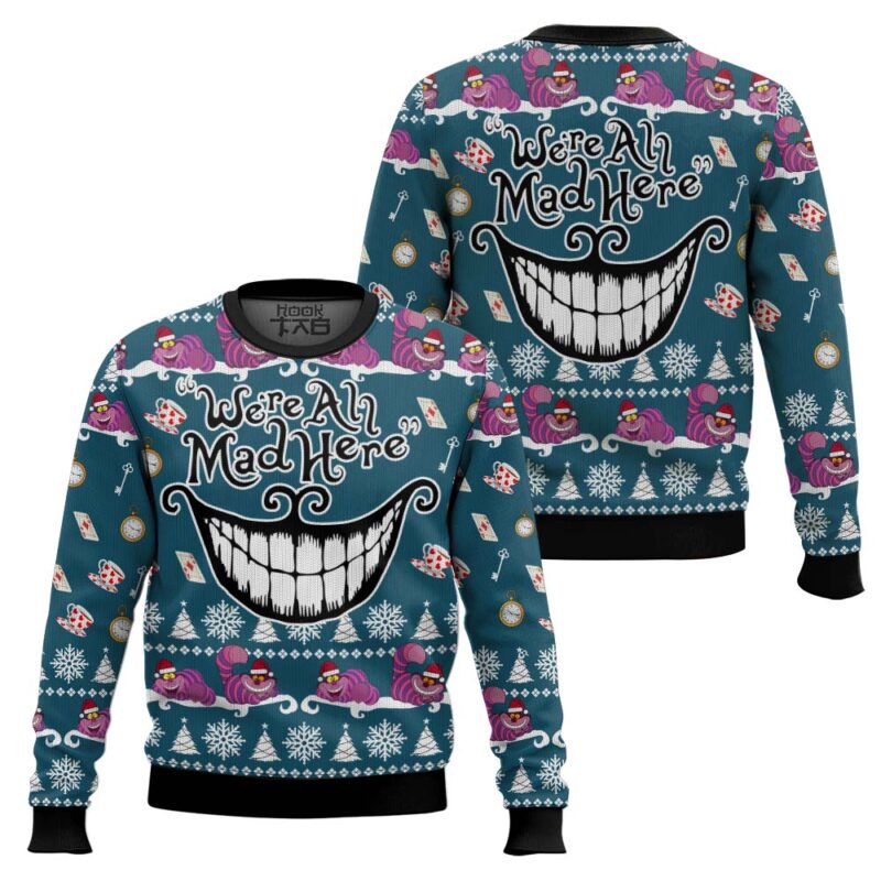 Hooktab We're All Mad Here Alice In Wonderland Ugly Christmas Sweater Hooktab We're All Mad Here Alice In Wonderland Ugly Christmas Sweater