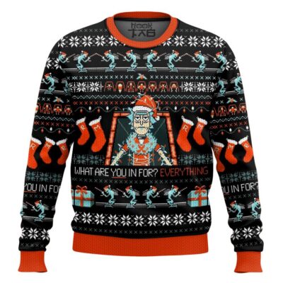Hooktab What Are You In For? Everything Rick And Morty Ugly Christmas Sweater