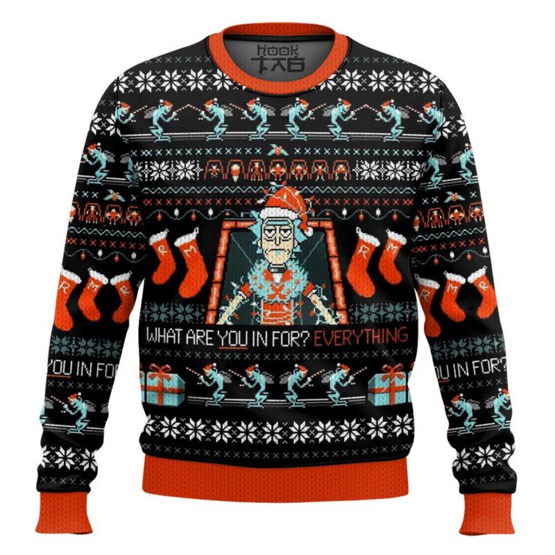 Hooktab What Are You In For? Everything Rick And Morty Ugly Christmas Sweater