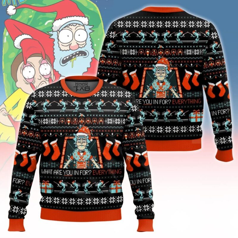 Hooktab What Are You In For? Everything Rick And Morty Ugly Christmas Sweater Hooktab What Are You In For? Everything Rick And Morty Ugly Christmas Sweater