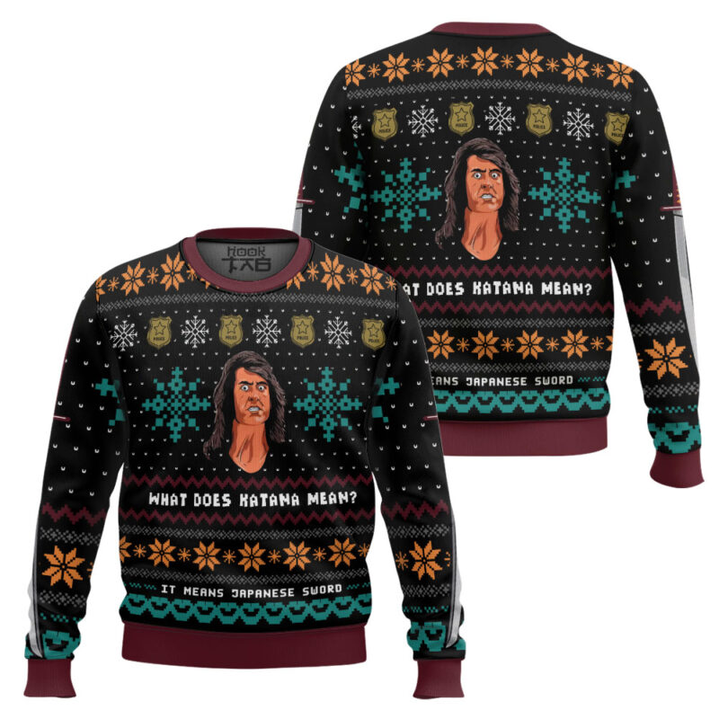 Hooktab What Does Katana Mean? Samurai Cop Ugly Christmas Sweater Hooktab What Does Katana Mean? Samurai Cop Ugly Christmas Sweater