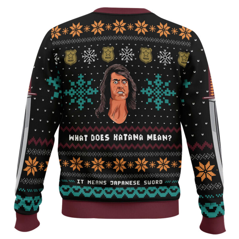 Hooktab What Does Katana Mean? Samurai Cop Ugly Christmas Sweater Hooktab What Does Katana Mean? Samurai Cop Ugly Christmas Sweater
