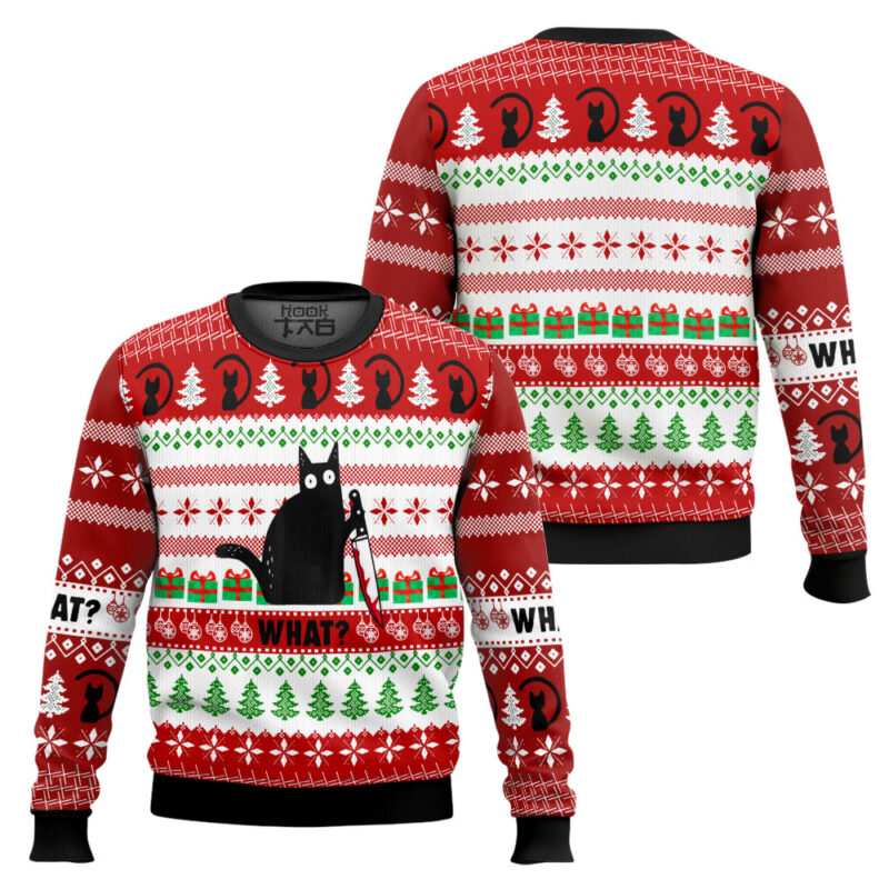 Hooktab What? Funny Black Cat Ugly Christmas Sweater Hooktab What? Funny Black Cat Ugly Christmas Sweater