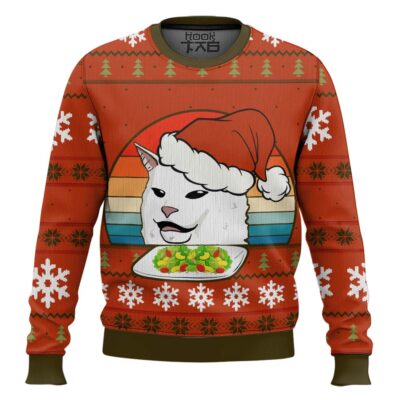 Hooktab White Cat Eating Salad Meme Ugly Christmas Sweater