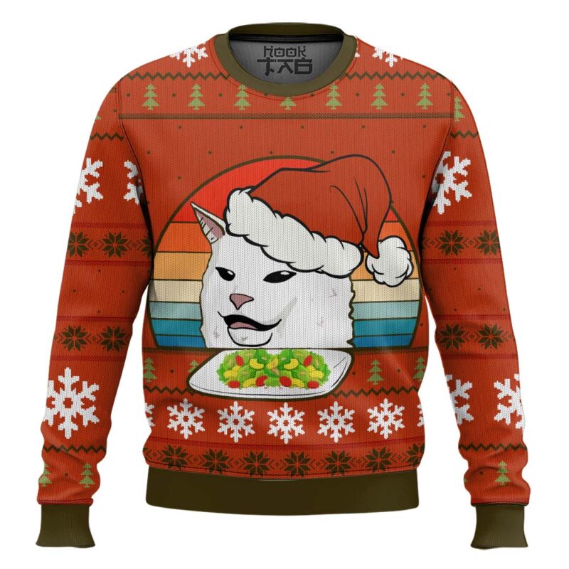 Hooktab White Cat Eating Salad Meme Ugly Christmas Sweater