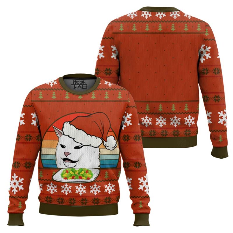 Hooktab White Cat Eating Salad Meme Ugly Christmas Sweater Hooktab White Cat Eating Salad Meme Ugly Christmas Sweater