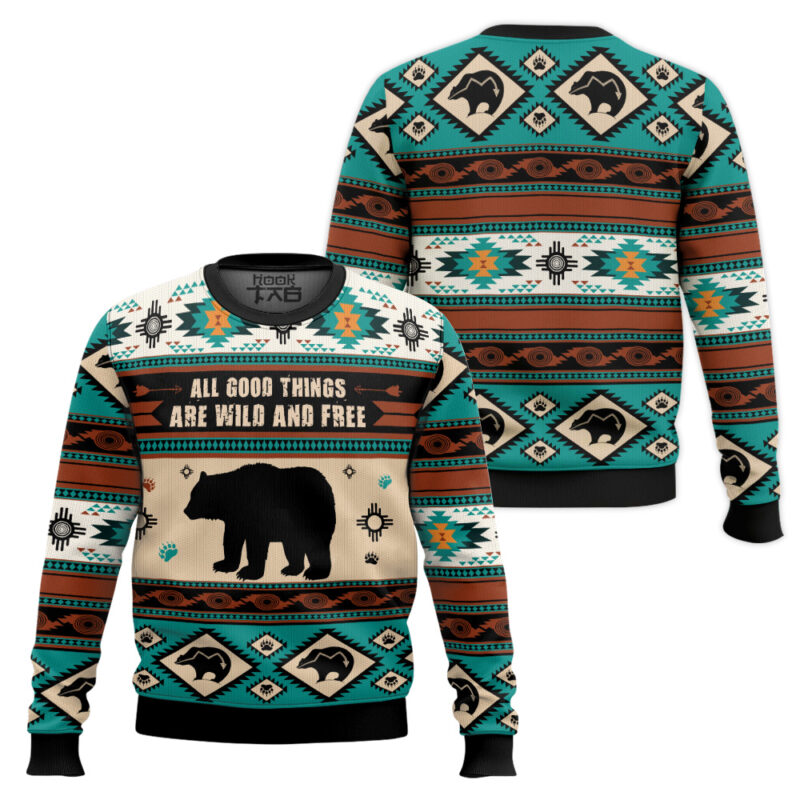 Hooktab Wild And Free Bear Ugly Christmas Sweater Hooktab Wild And Free Bear Ugly Christmas Sweater