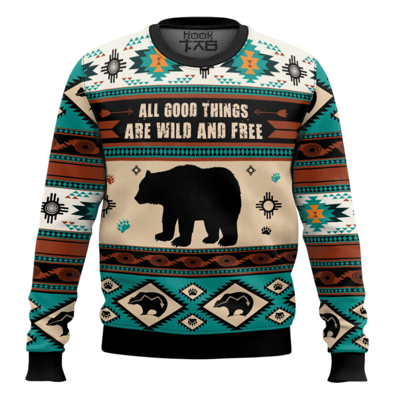 Hooktab Wild And Free Bear Ugly Christmas Sweater