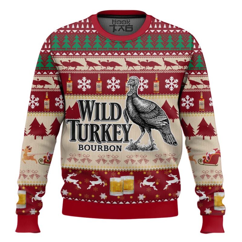 Hooktab Wild Turkey Bourbon Whiskey Ugly Christmas Sweater