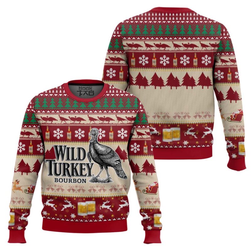 Hooktab Wild Turkey Bourbon Whiskey Ugly Christmas Sweater Hooktab Wild Turkey Bourbon Whiskey Ugly Christmas Sweater