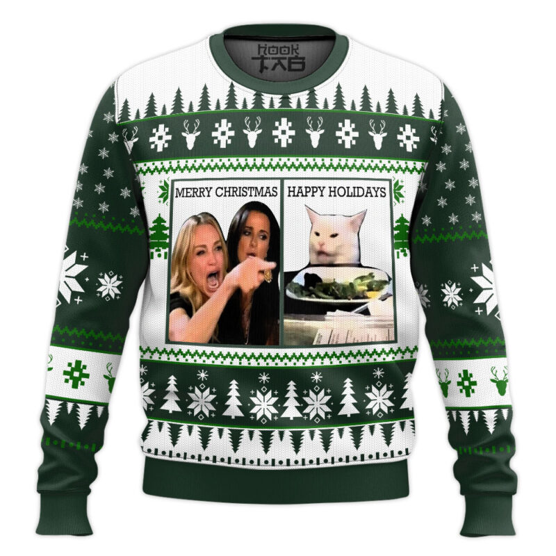 Hooktab Woman Yelling At A Cat Meme Ugly Christmas Sweater
