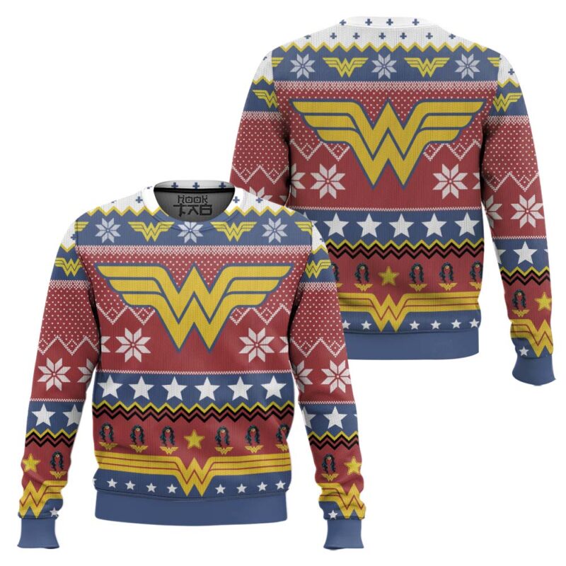 Hooktab Wonder Woman Logo Ugly Christmas Sweater Hooktab Wonder Woman Logo Ugly Christmas Sweater