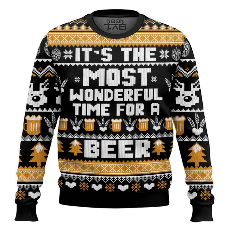 Hooktab Wonderful Time For A Beer Ugly Christmas Sweater Hooktab Wonderful Time For A Beer Ugly Christmas Sweater