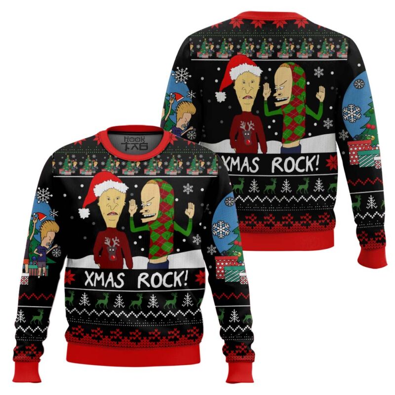 Hooktab Xmas Rock Beavis And Butthead Ugly Christmas Sweater Hooktab Xmas Rock Beavis And Butthead Ugly Christmas Sweater