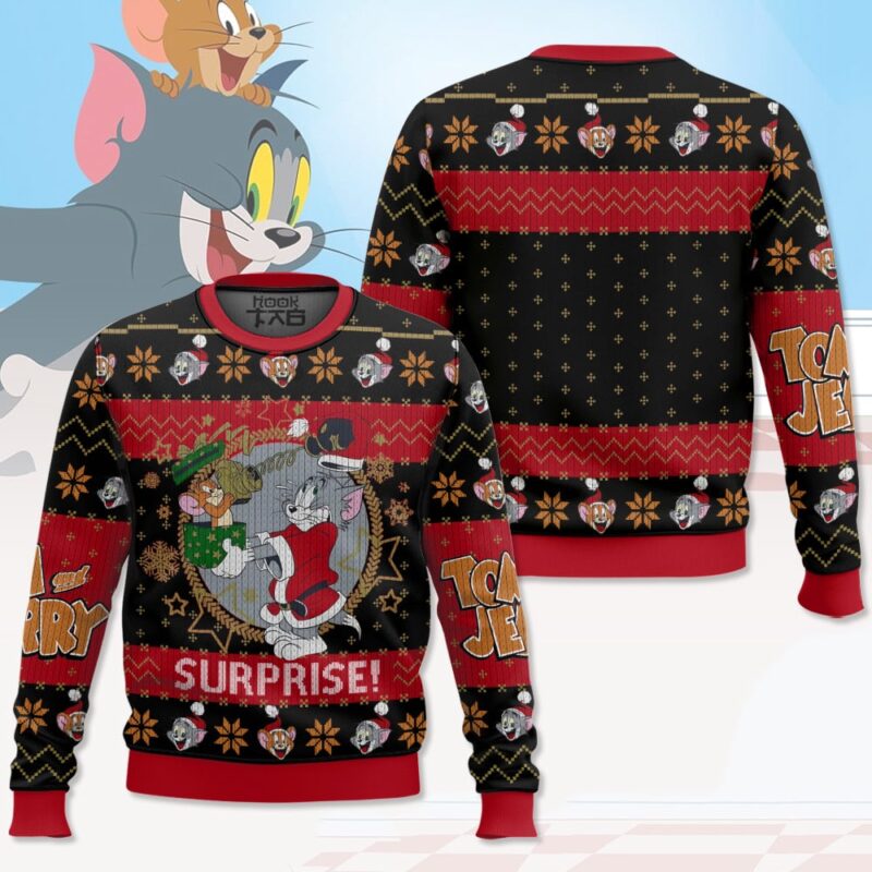Hooktab Xmas Surprise! Tom And Jerry Ugly Christmas Sweater Hooktab Xmas Surprise! Tom And Jerry Ugly Christmas Sweater